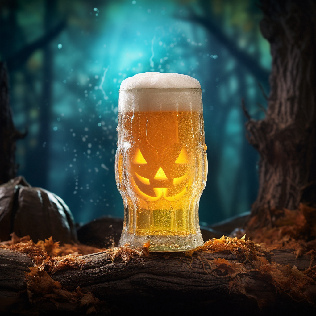 Halloween beer with spooky forest backdrop