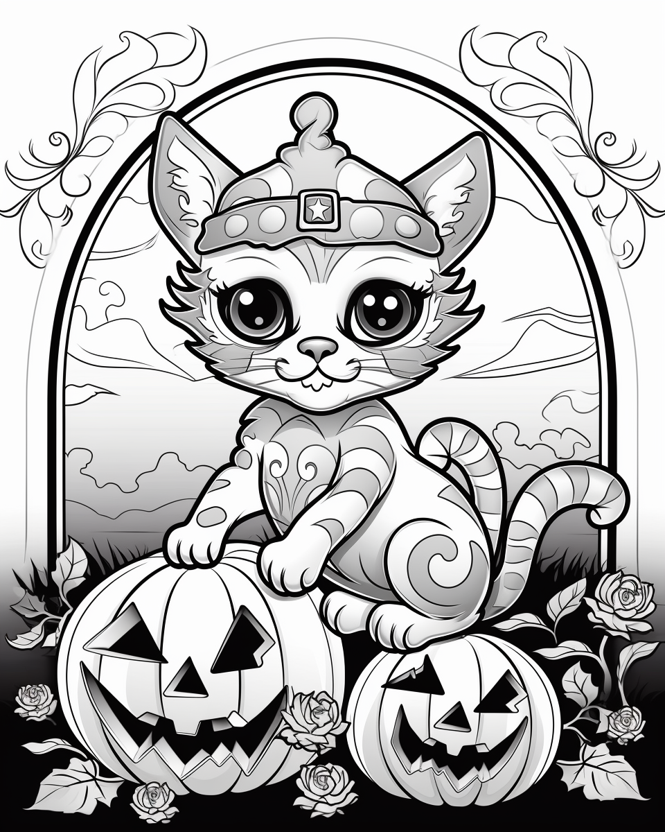 Black and white Halloween cat coloring page