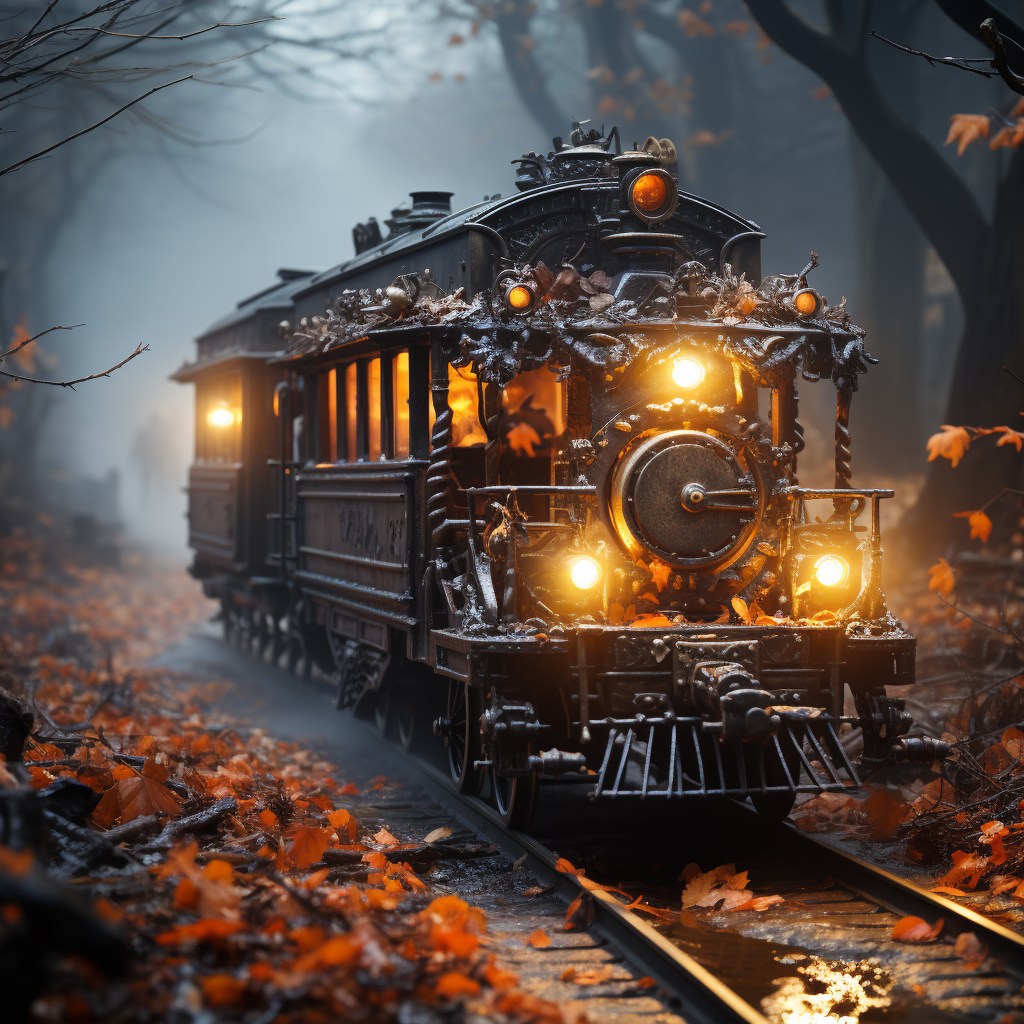 vibrant Halloween countryside train with decorations