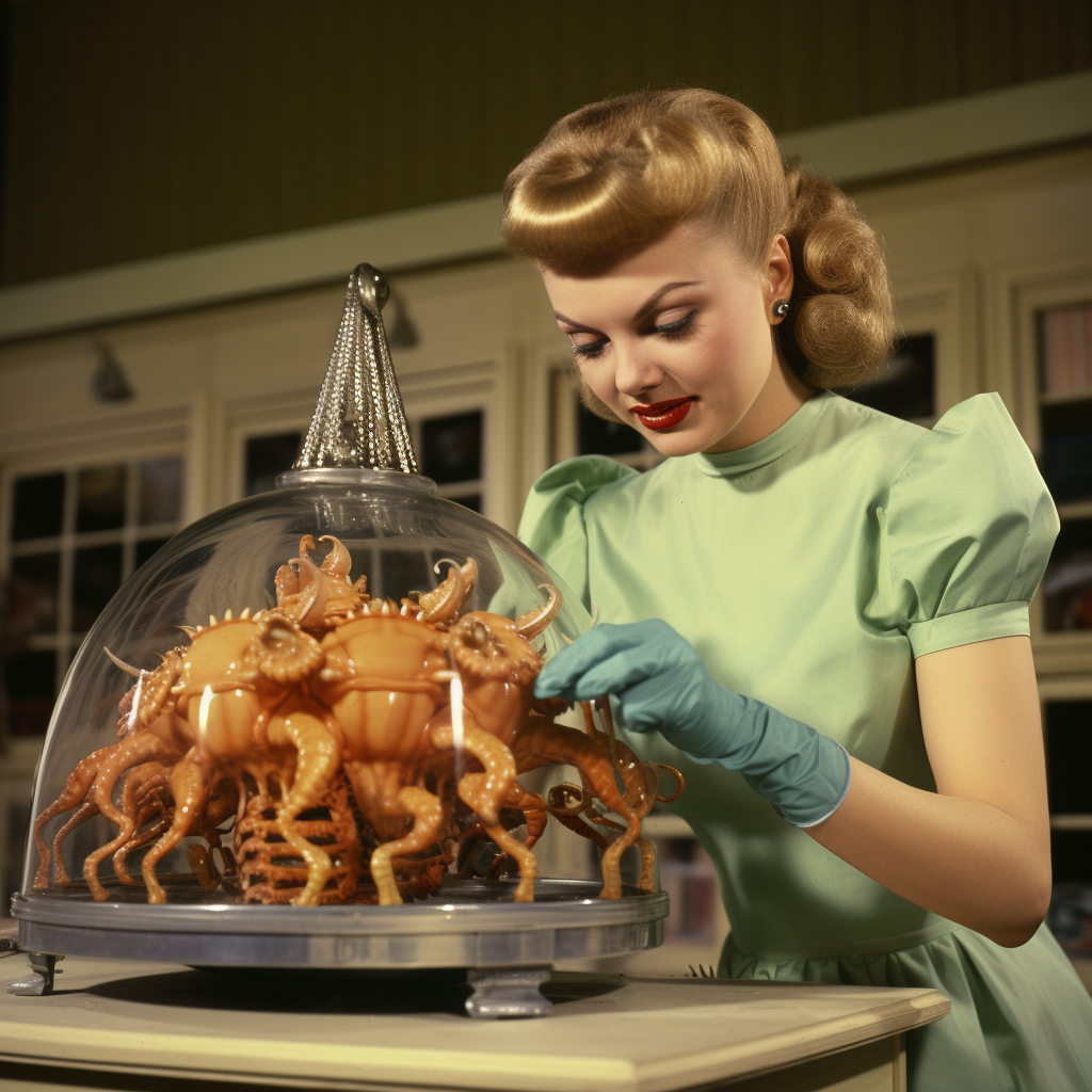 1950s housewife creating a creepy Halloween cloche