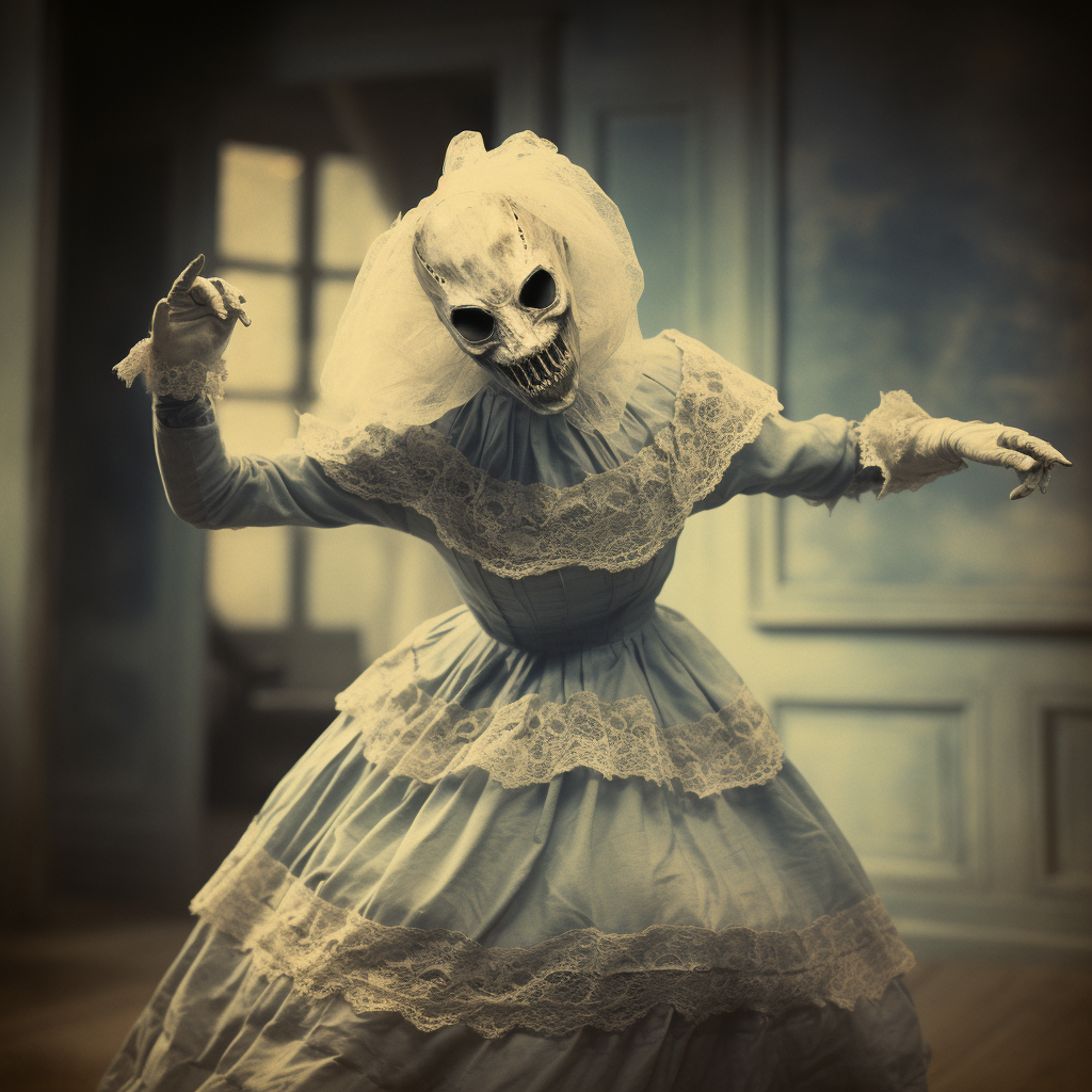 Woman dancing in Halloween mask and 19th century costume