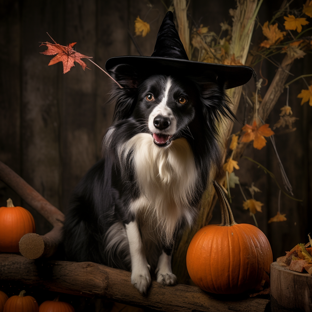 Border collie on Halloween broom decoration