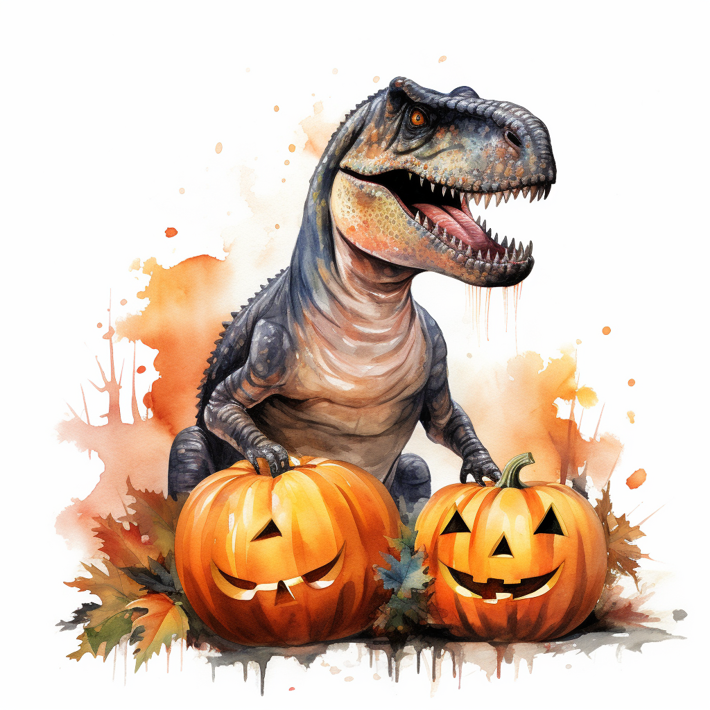 Halloween dinosaur among pumpkin patch