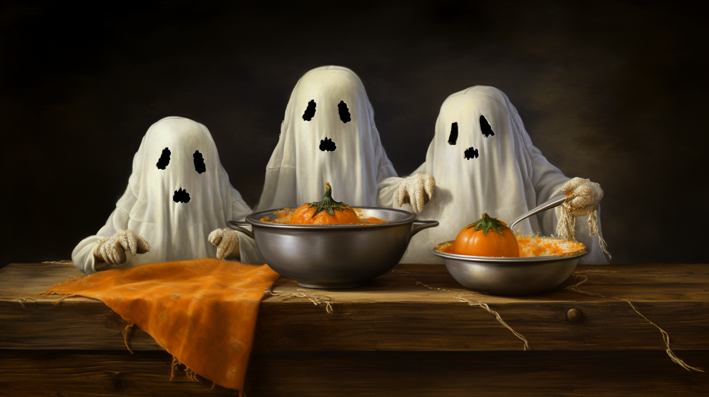 Halloween ghosts enjoying rice and beans feast