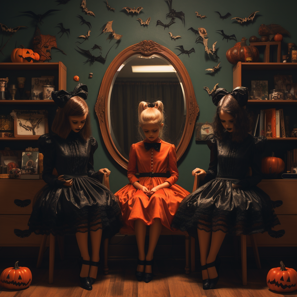 Three girls in Halloween costumes