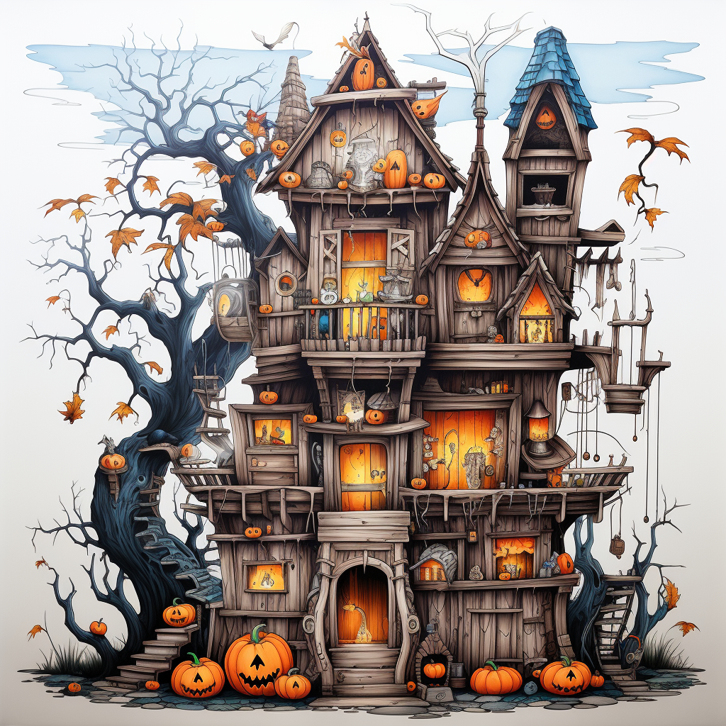 Colorful Halloween house coloring illustration