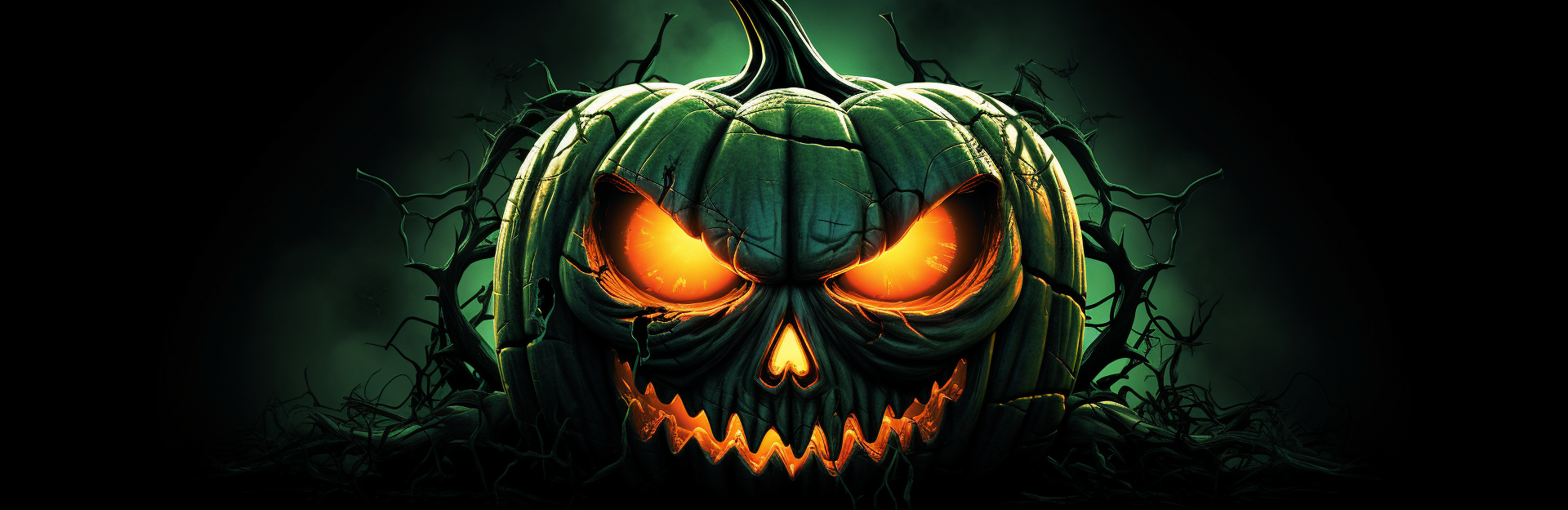 Dramatic Halloween Jack-o-Lantern with Green Glowing Eyes  (6 words)