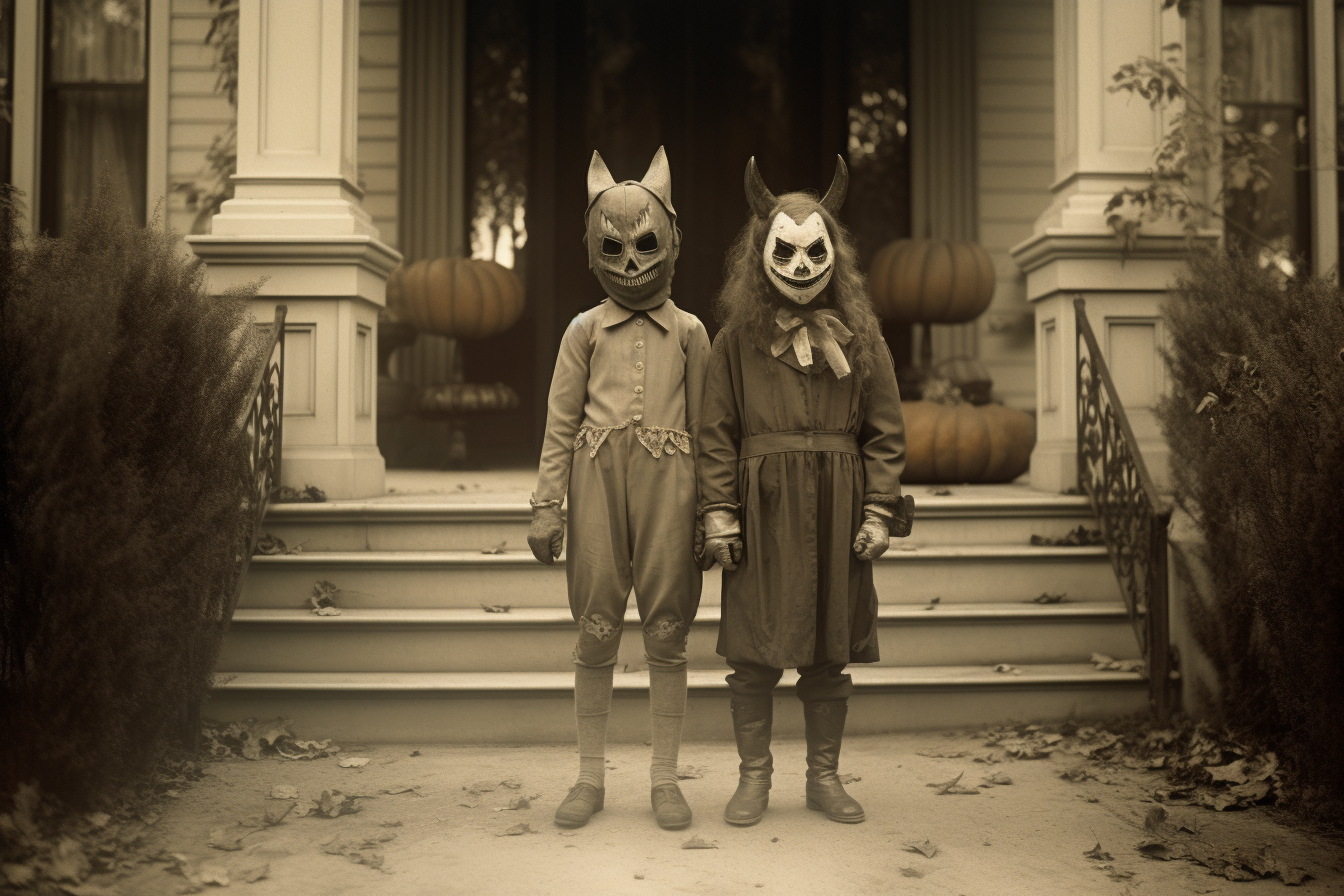 Two kids in Halloween costumes at fancy mansion