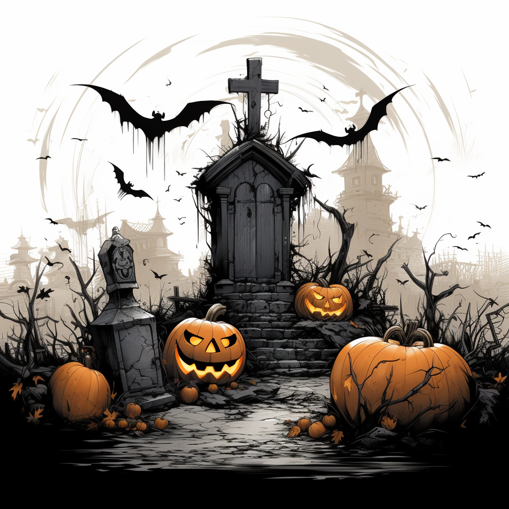 Spooky Halloween Pumpkin with Gravestone and Bats