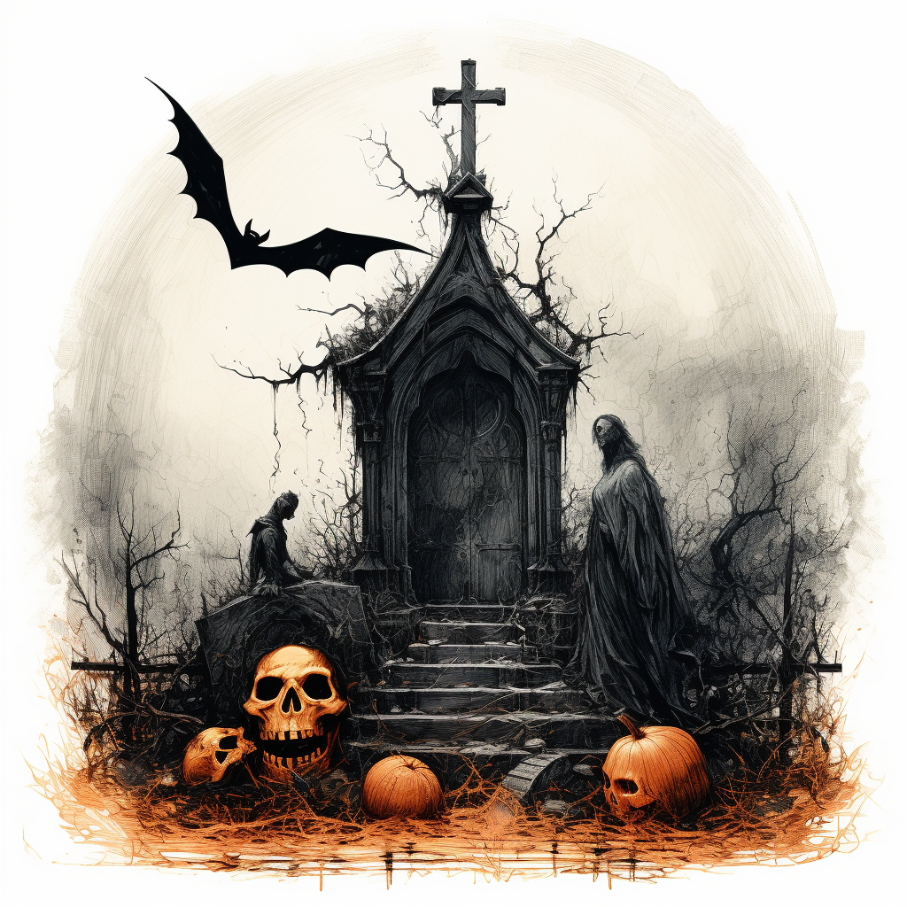 Halloween pumpkin in front of gravestone with bats