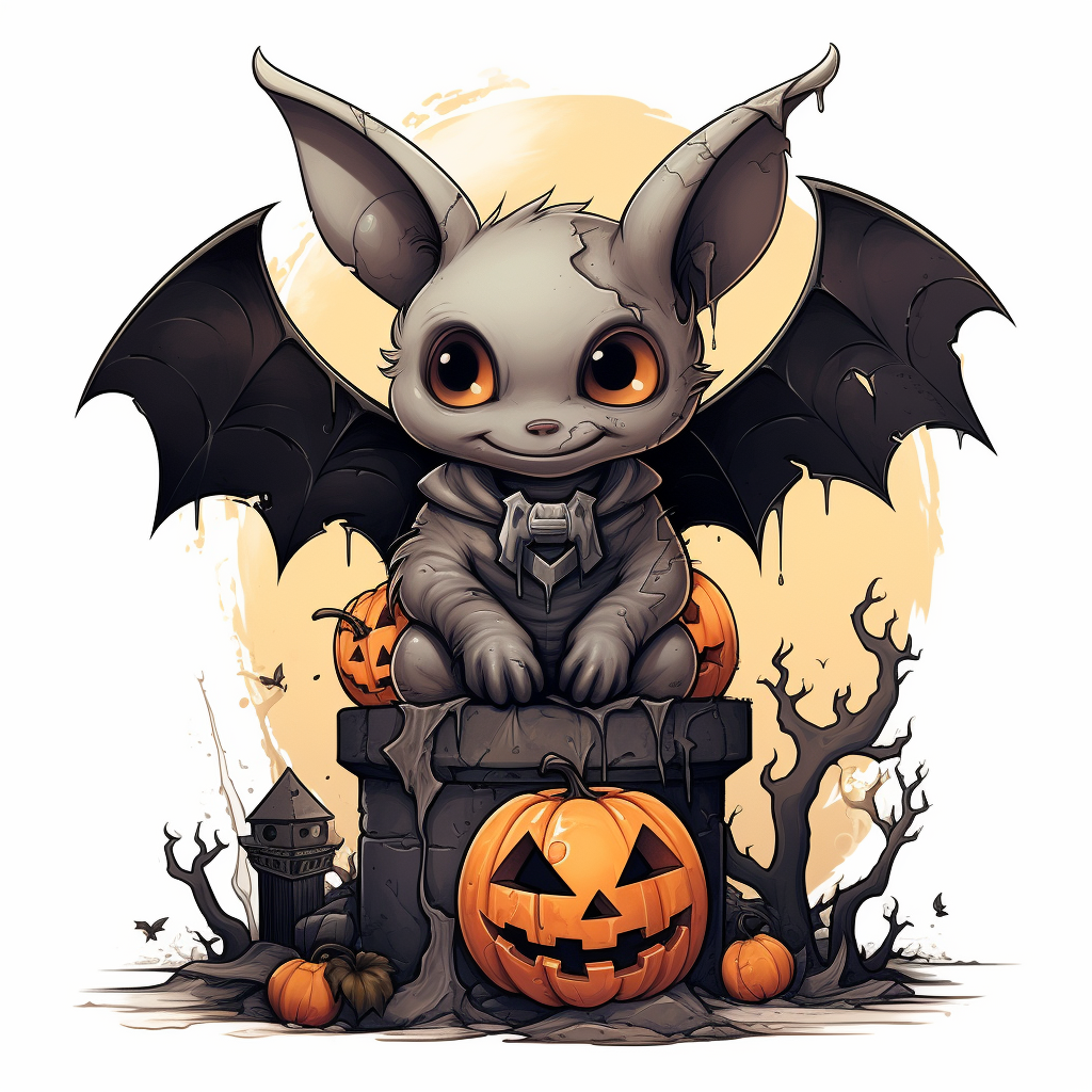 Cute bat on gravestone with pumpkin in the background