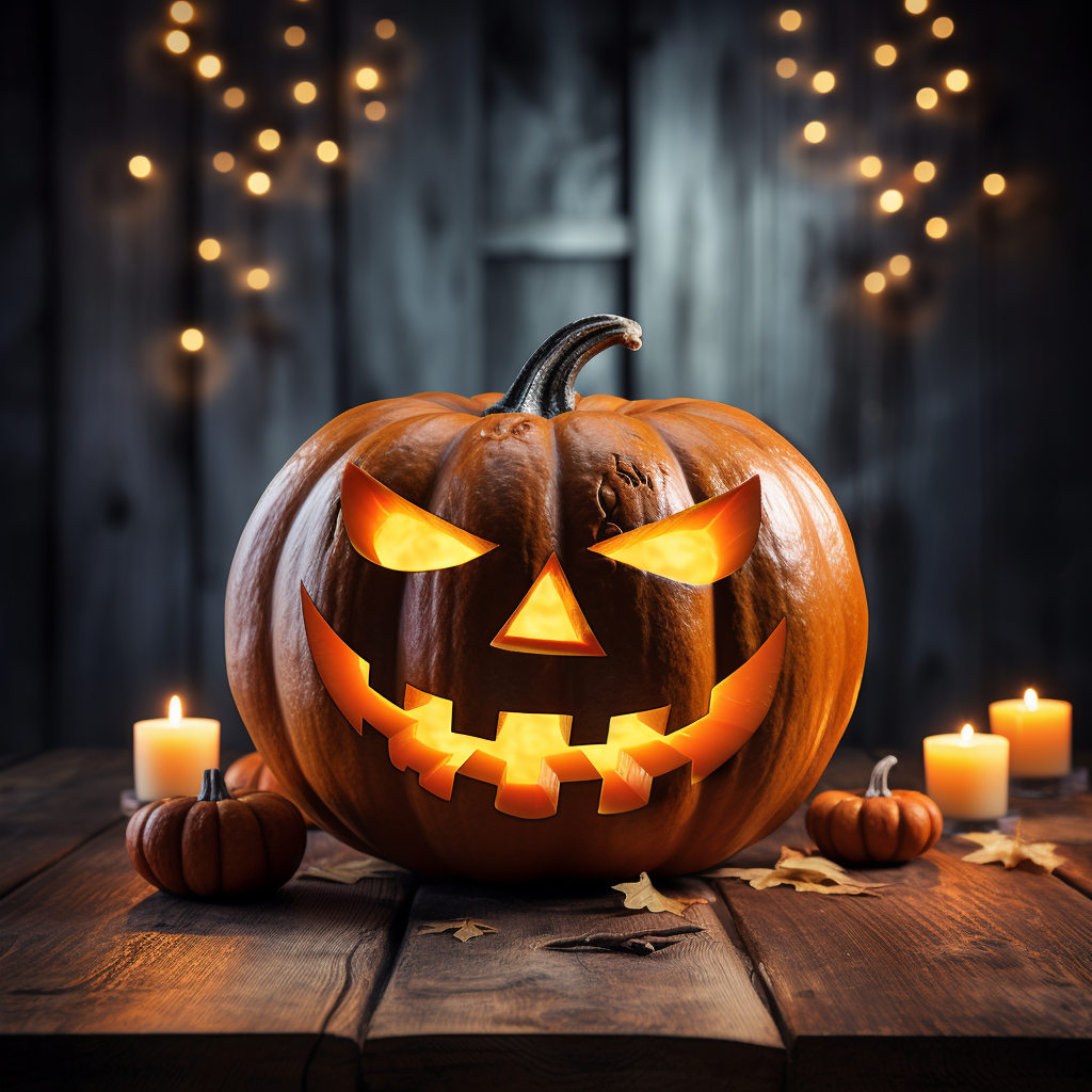 Halloween pumpkin on wooden table