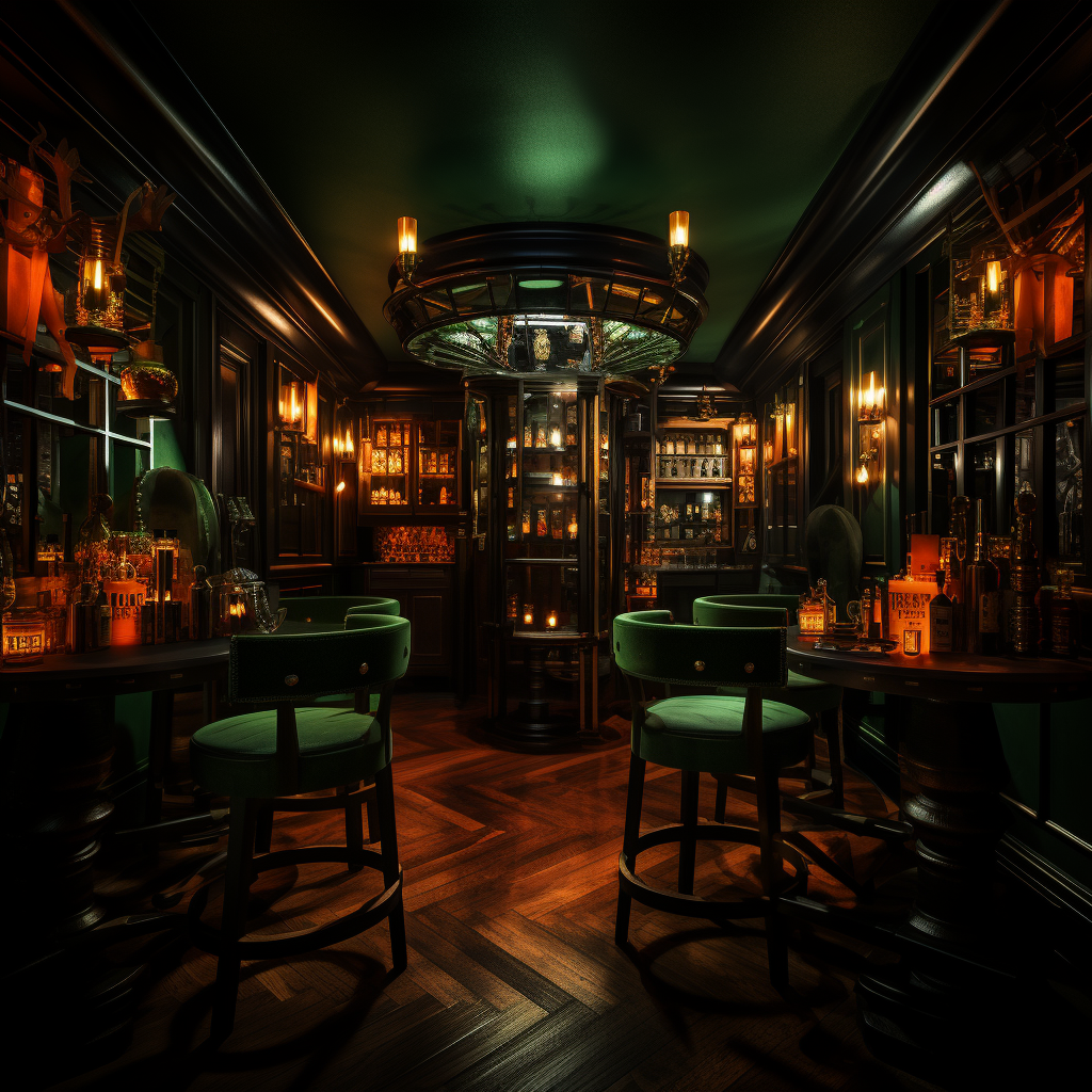 Halloween speakeasy interior with spooky decor