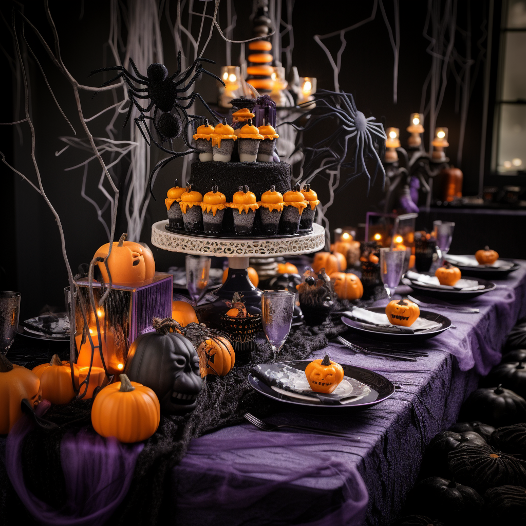 Halloween Table Settings with Scary Themed Food Deserts and Spider Webs