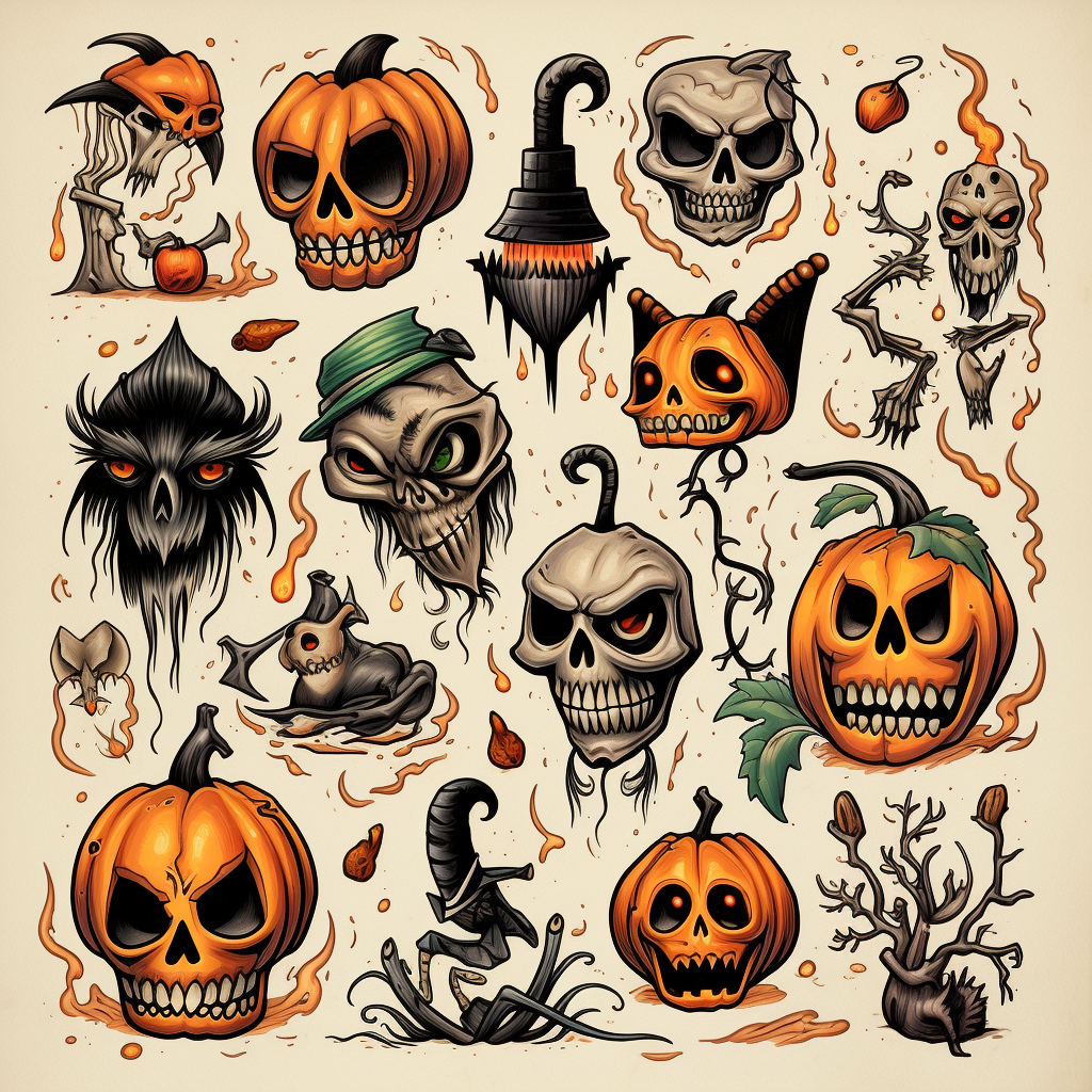 Halloween tattoo flash sheet design