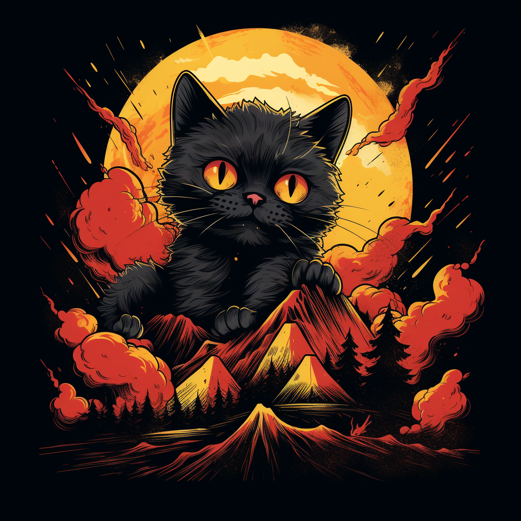 Playful Halloween-Themed Cat Smiling on a Volcano