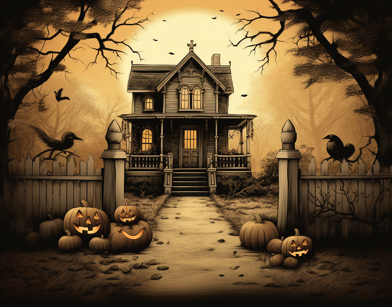 Halloween old house with pumpkins