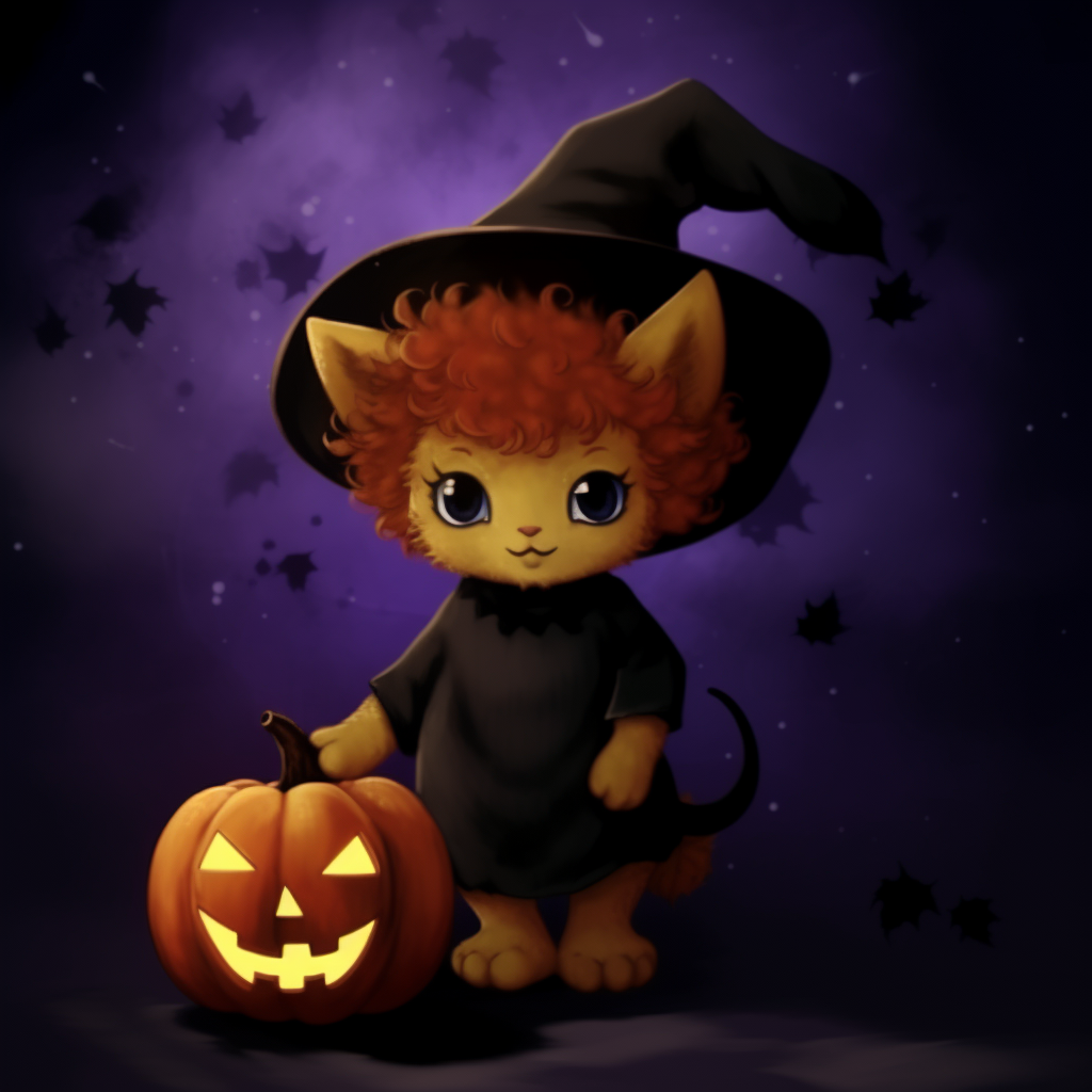 Small orange cat in witch costume