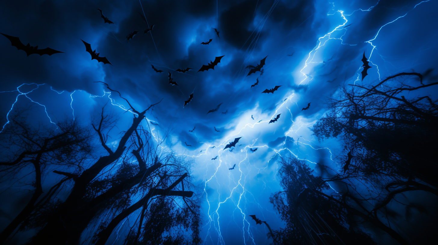 Halloween bats under a neon moon