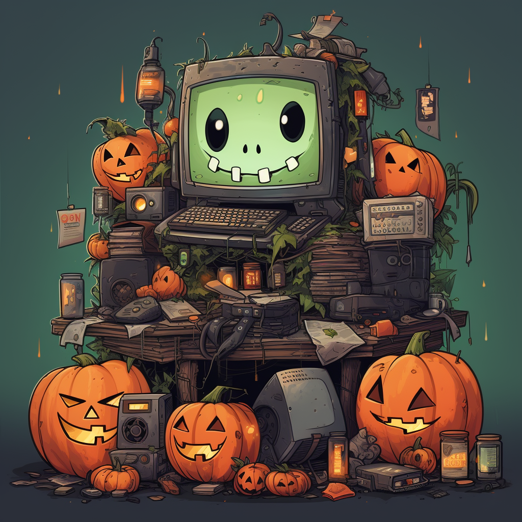 Cute Halloween elements with e-waste in focus