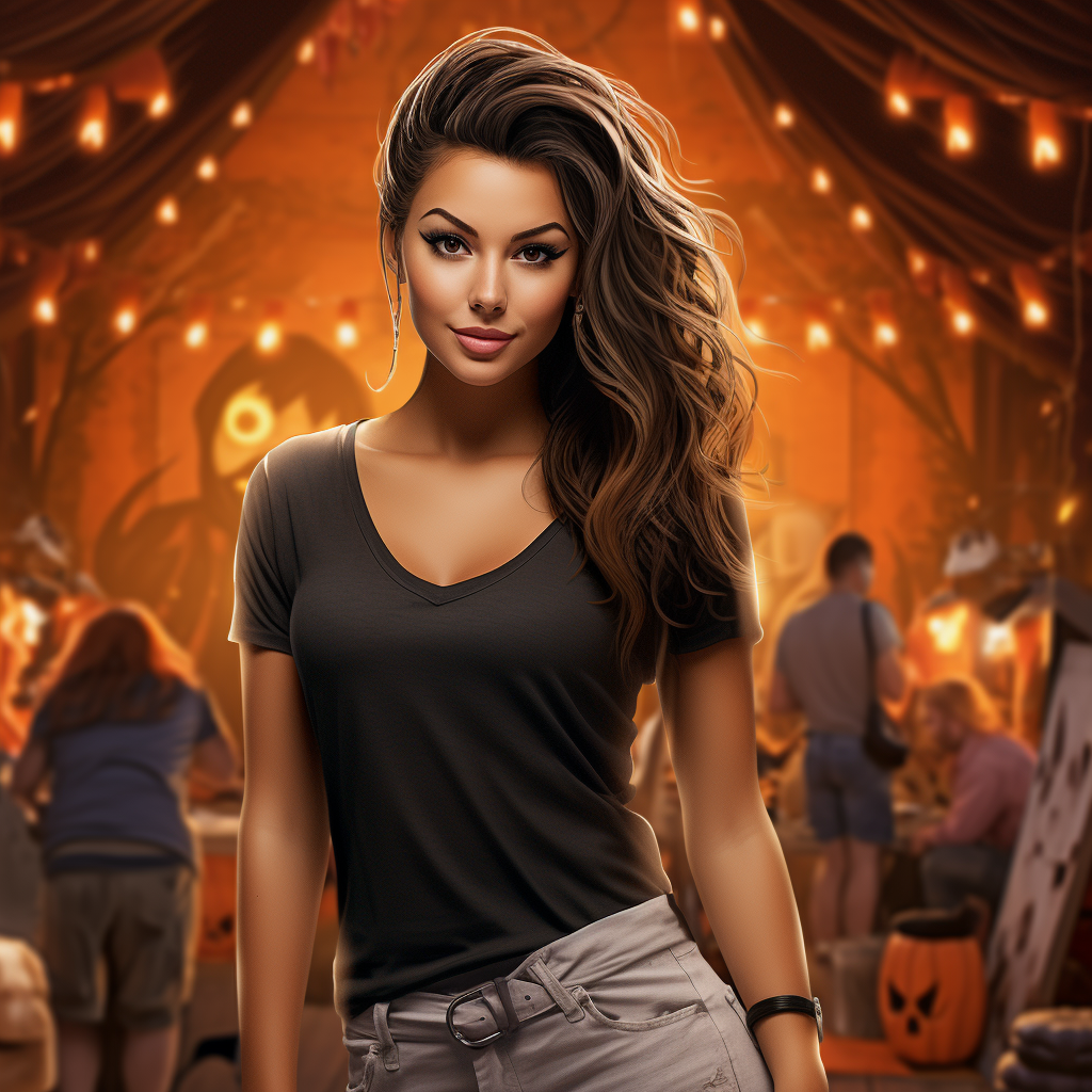 Beautiful woman in white T-Shirt at Halloween festival