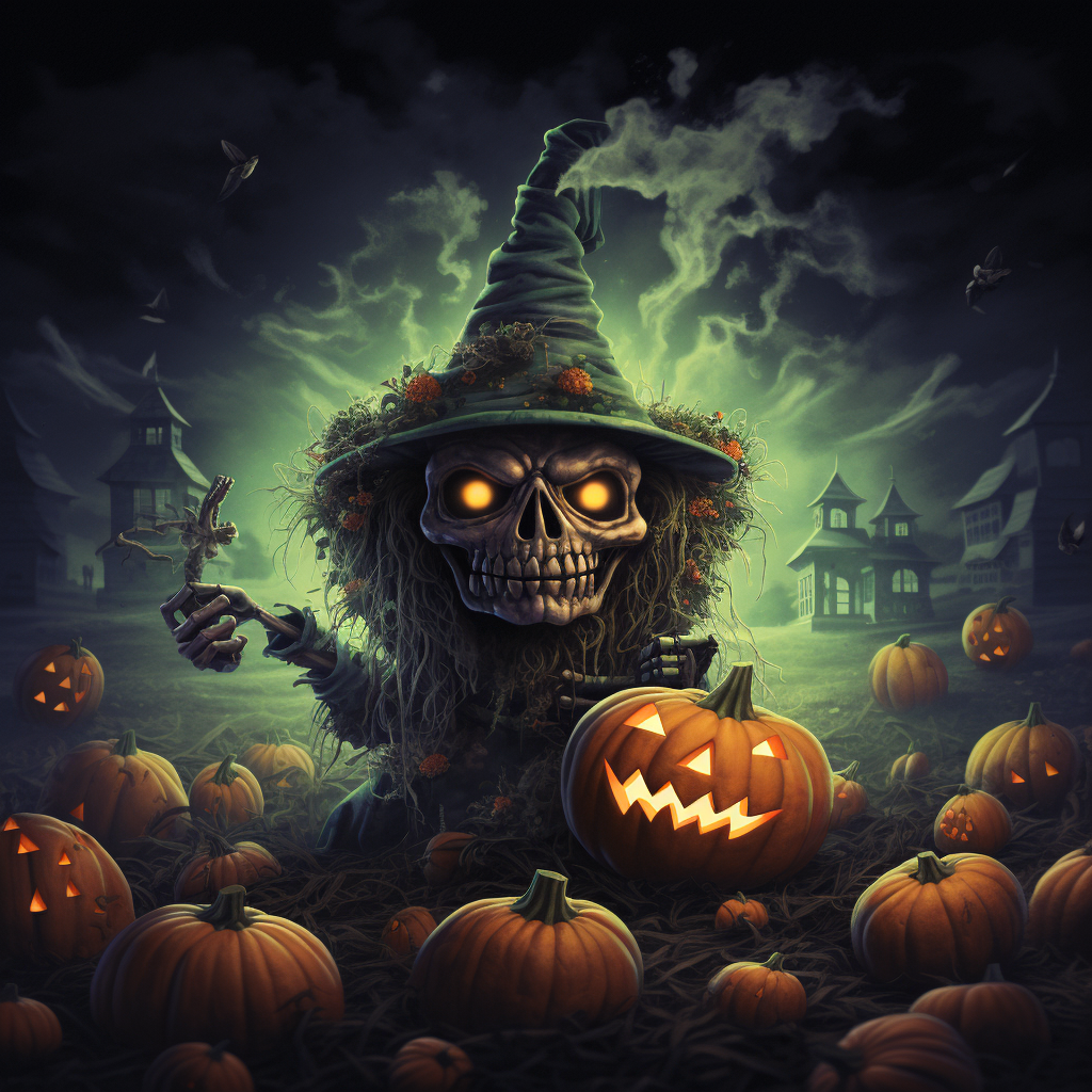 Halloween-themed illustrations with pumpkins and ghosts