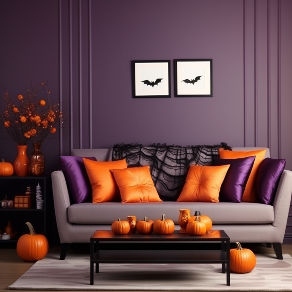 Purple and orange Halloween interior decor
