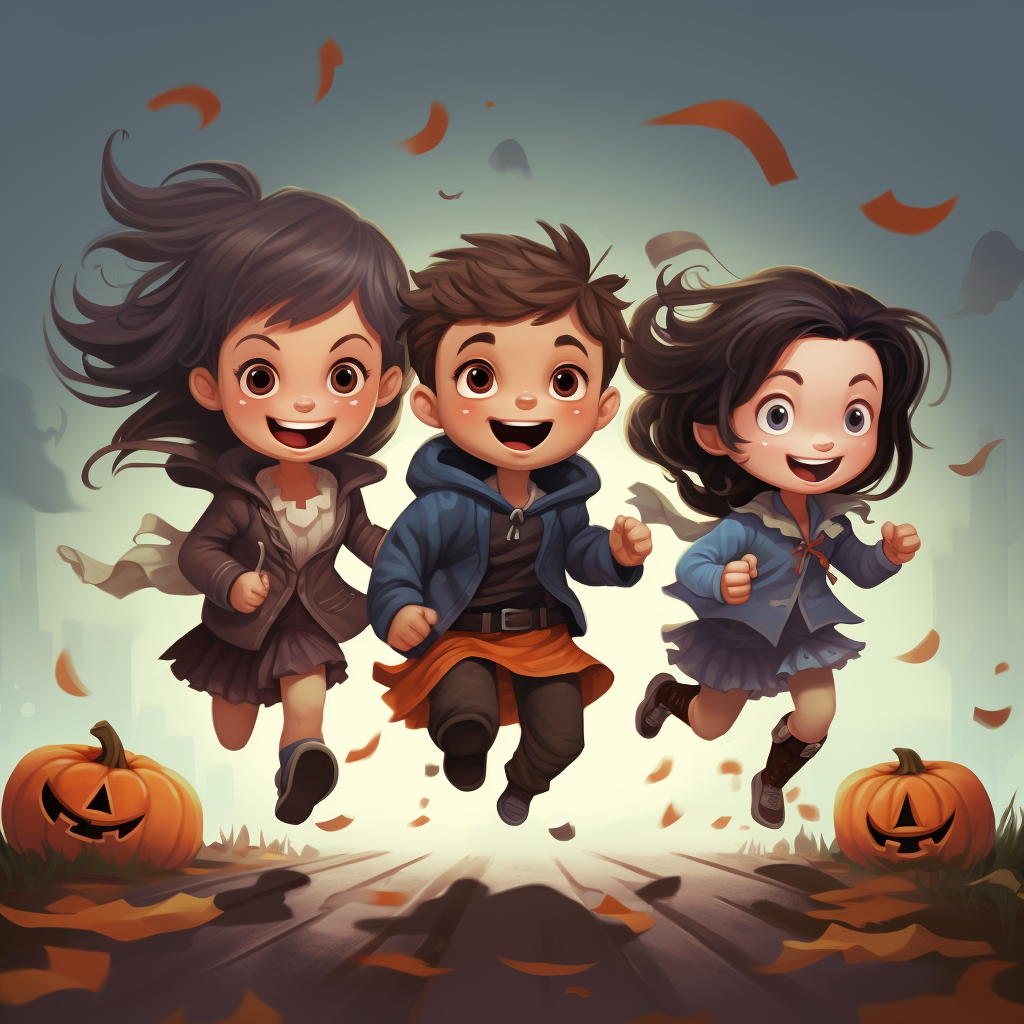 Three adorable Halloween kids running