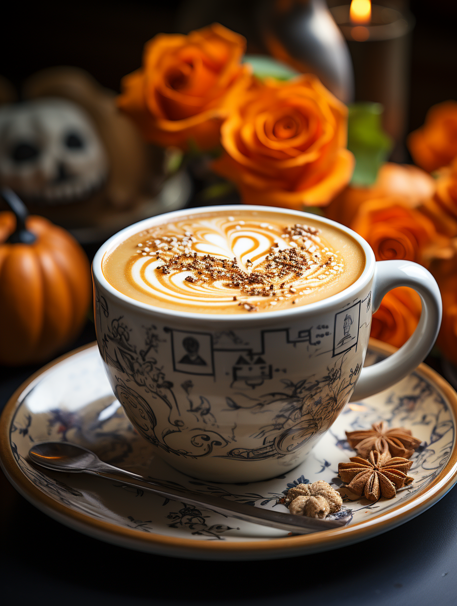 Halloween-themed latte art in a white mug