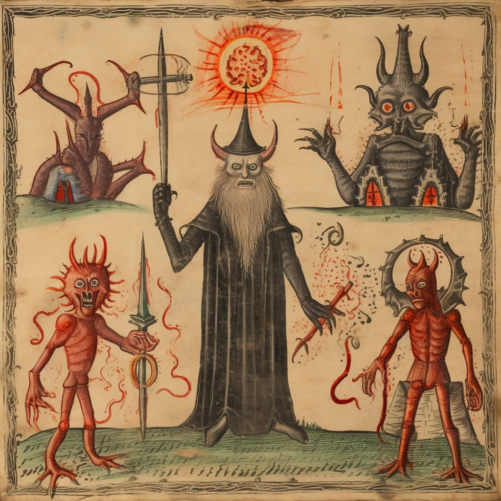 Halloween medieval demons and wizard in a manuscript