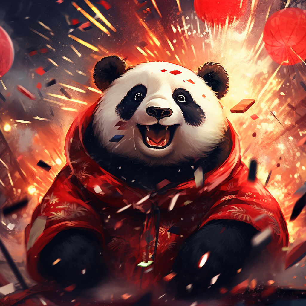 Panda wearing fireworks with glowing eyes
