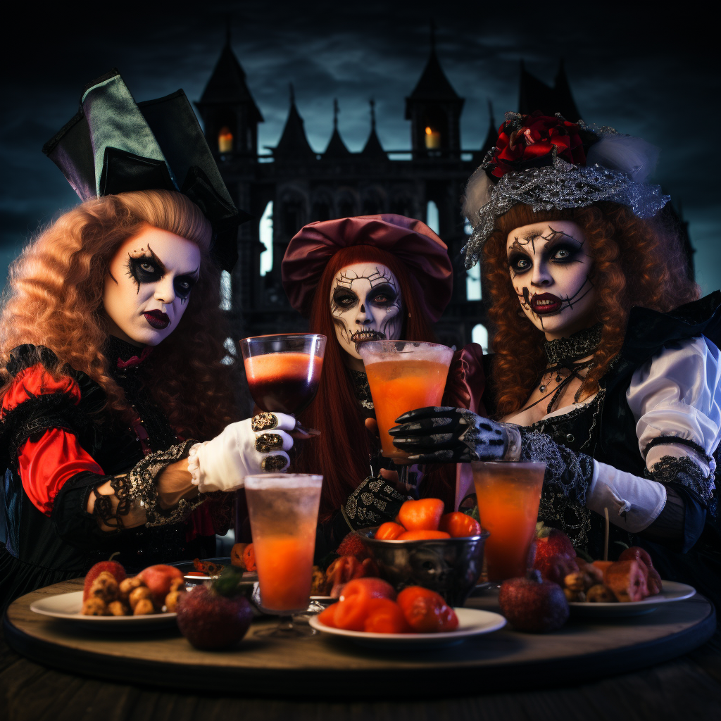 Four beautiful women dressed as Halloween characters with drinks