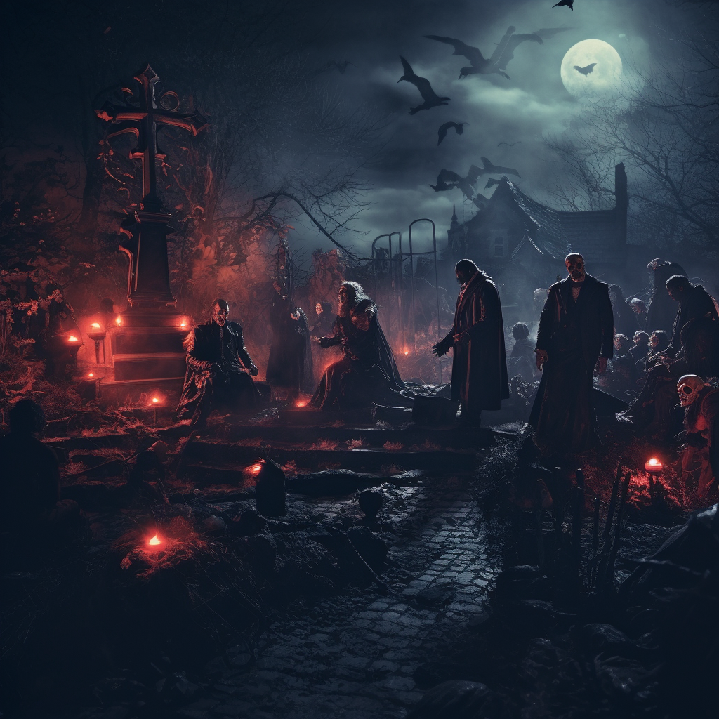 Vampires enjoying Halloween party in graveyard