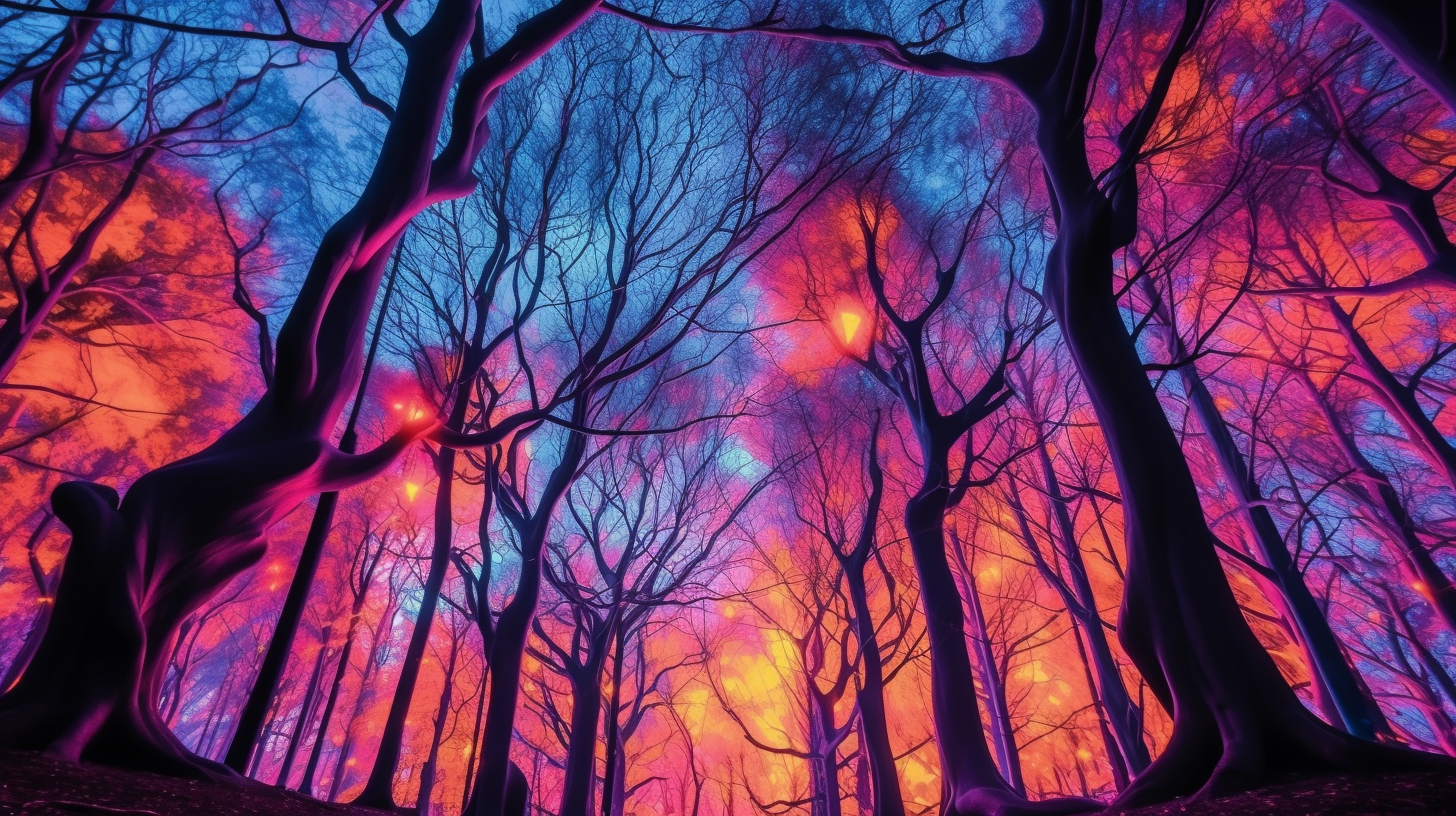 Vibrant psychedelic Halloween forest scene