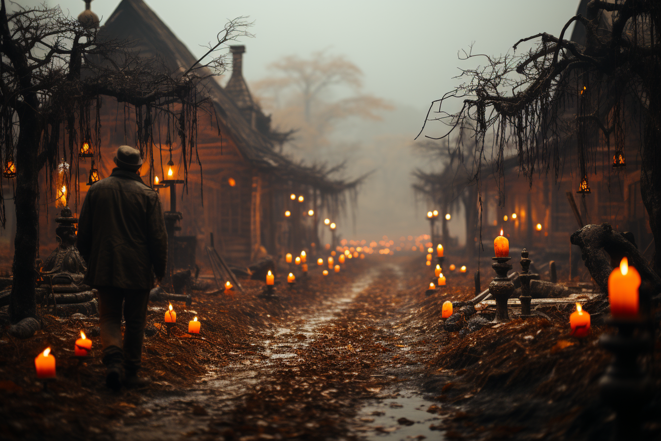 Image of spooky Halloween village with cavalrymen