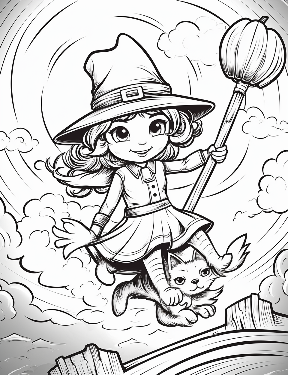 Cartoon-style Halloween witch flying on broomstick with cat