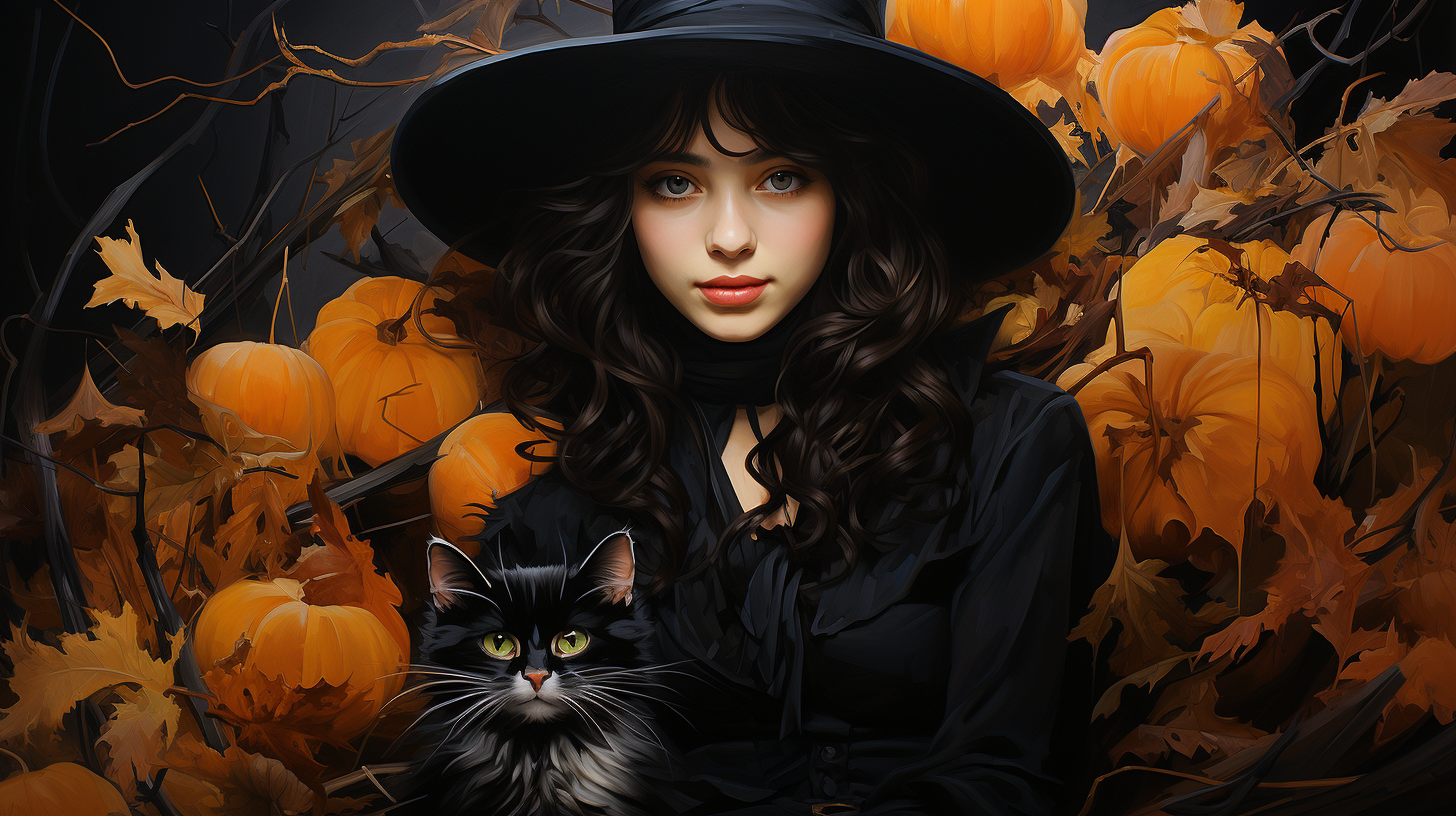 Halloween witch and cat under full moon