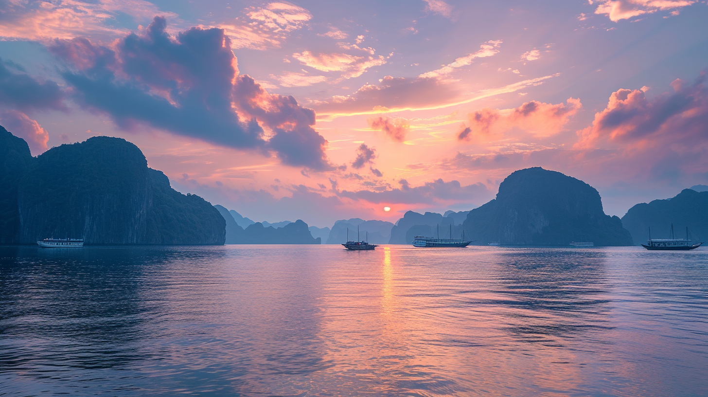 Ha Long Bay Sunset with Pink Clouds and Blue Mountains