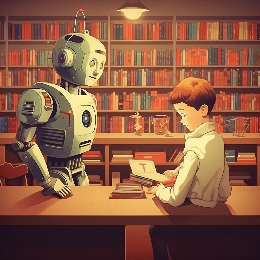 Haman and Robot talking in library