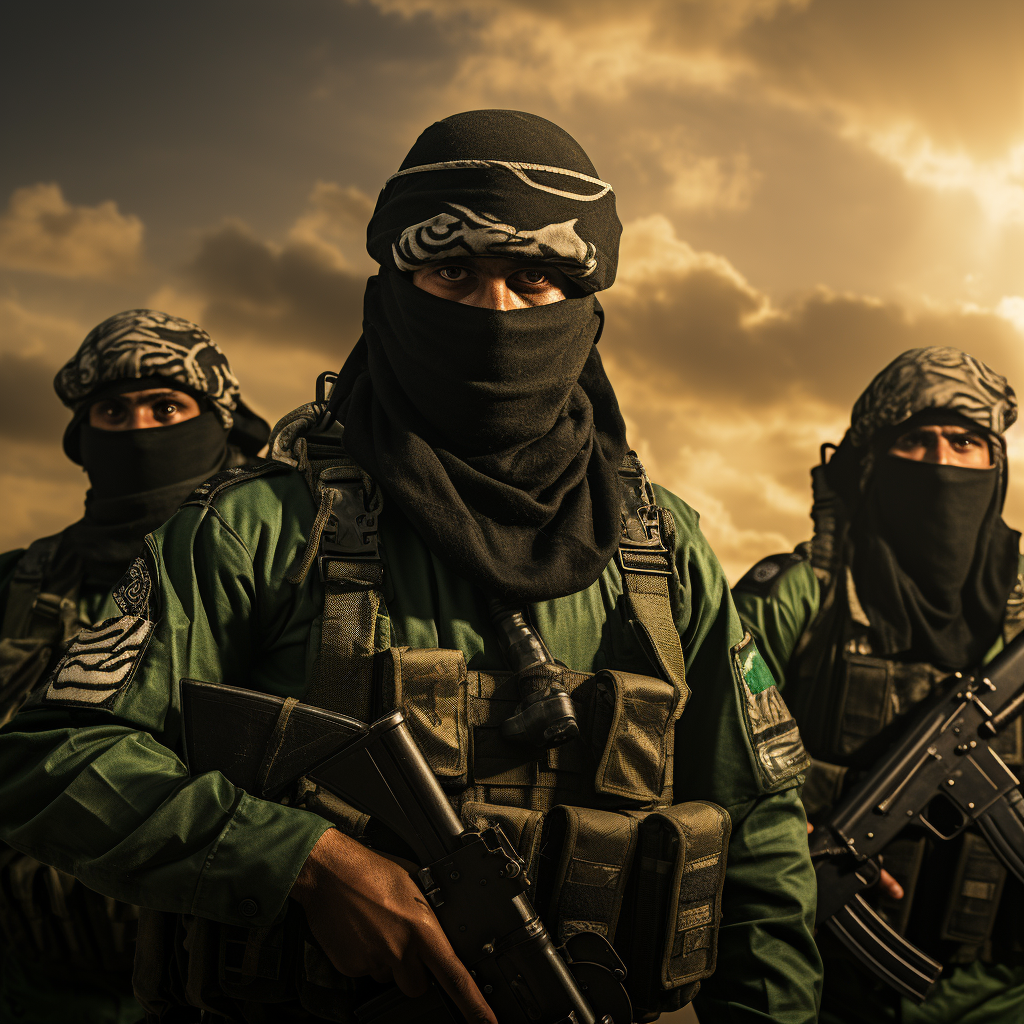 Hamas military fighters in action