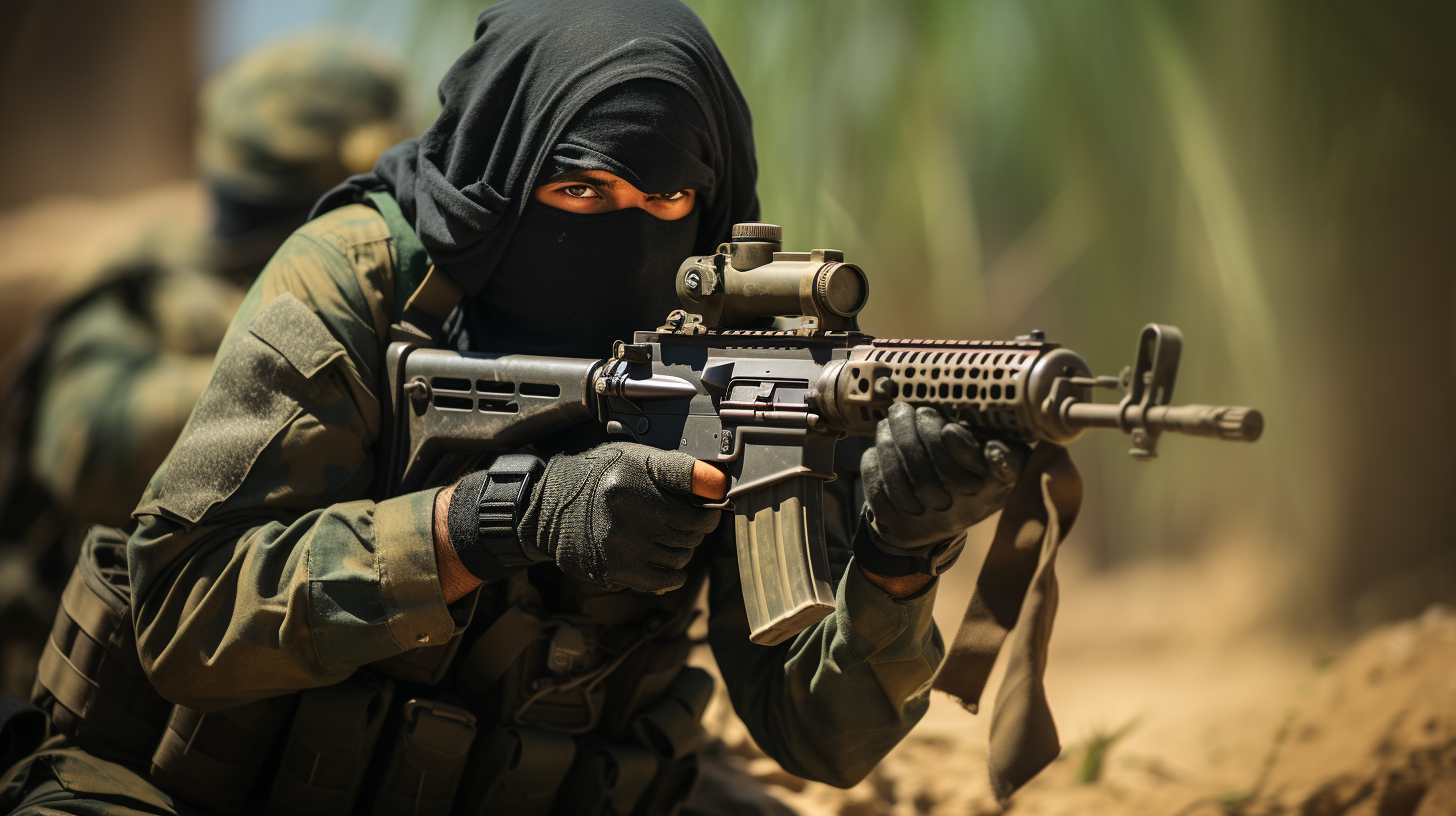 A Hamas soldier aiming his rifle