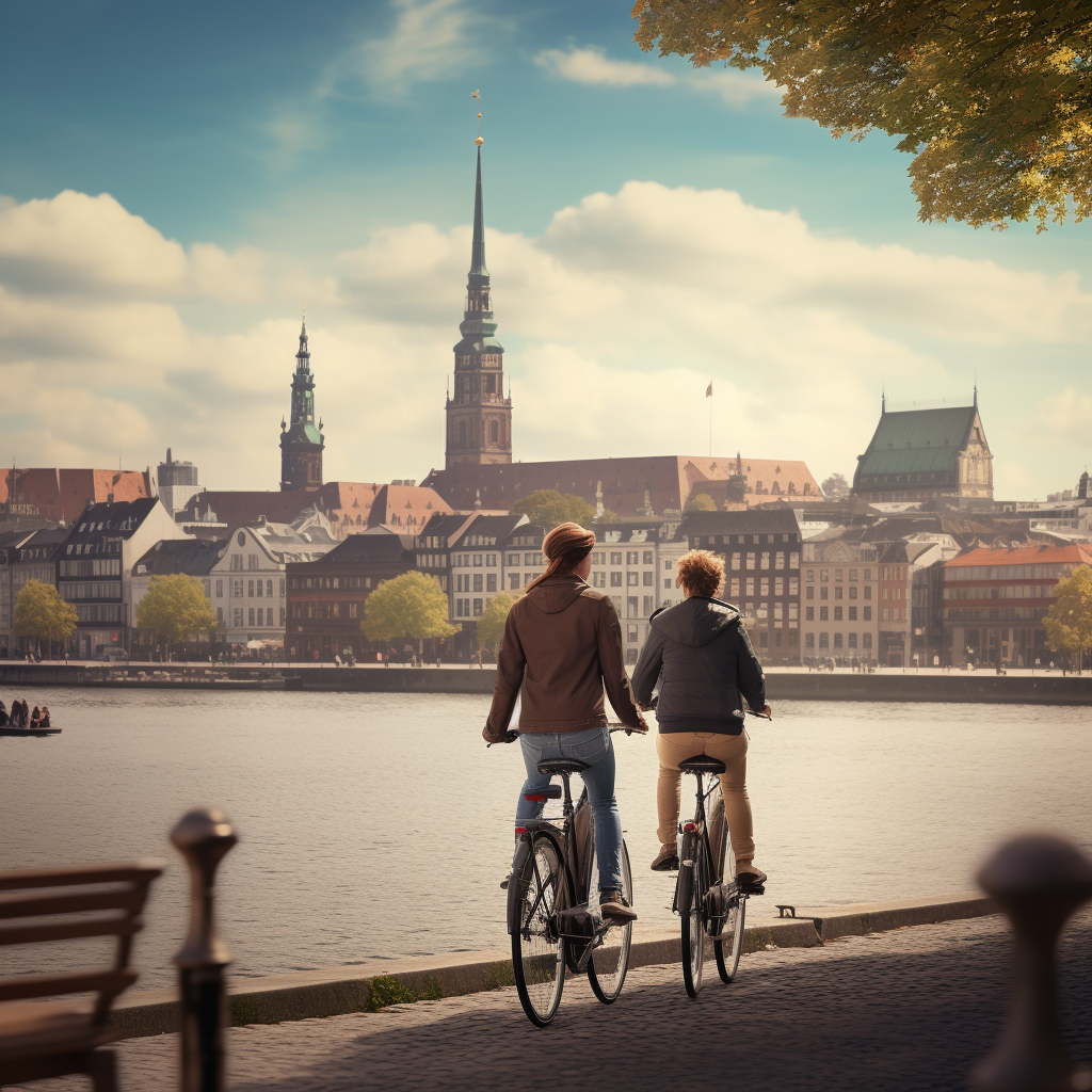 Two people on bicycles in front of Hamburg skyline