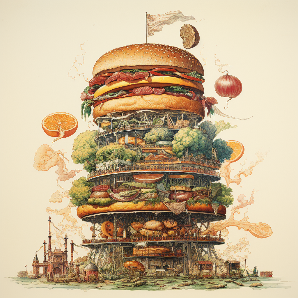 Hamburger ingredients falling into vintage illustration tower