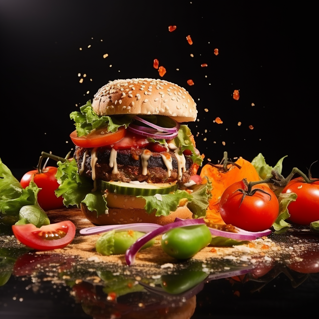 Tasty hamburger publicity reel with fresh tomato salad