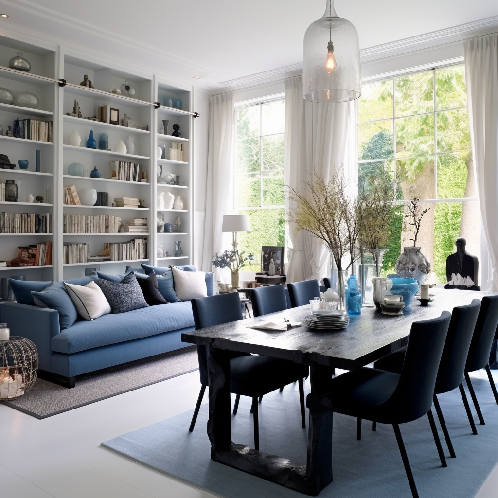 Grey sofa, blue dining chairs, and eclectic decor in a Hampton-style living room