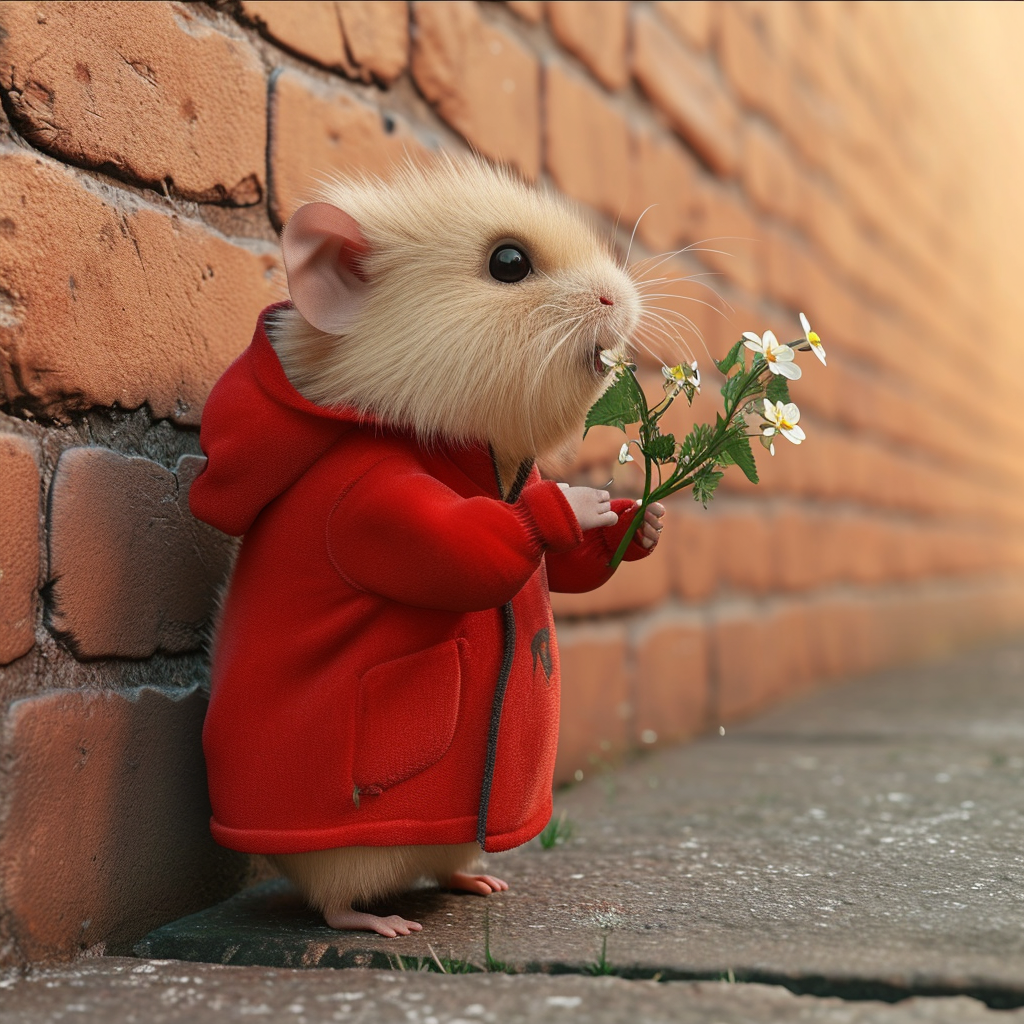 Hamster in red suit biting flower on wall street