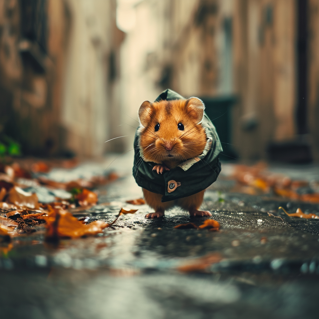 Adorable hamster dressed in clothes walking on a narrow street