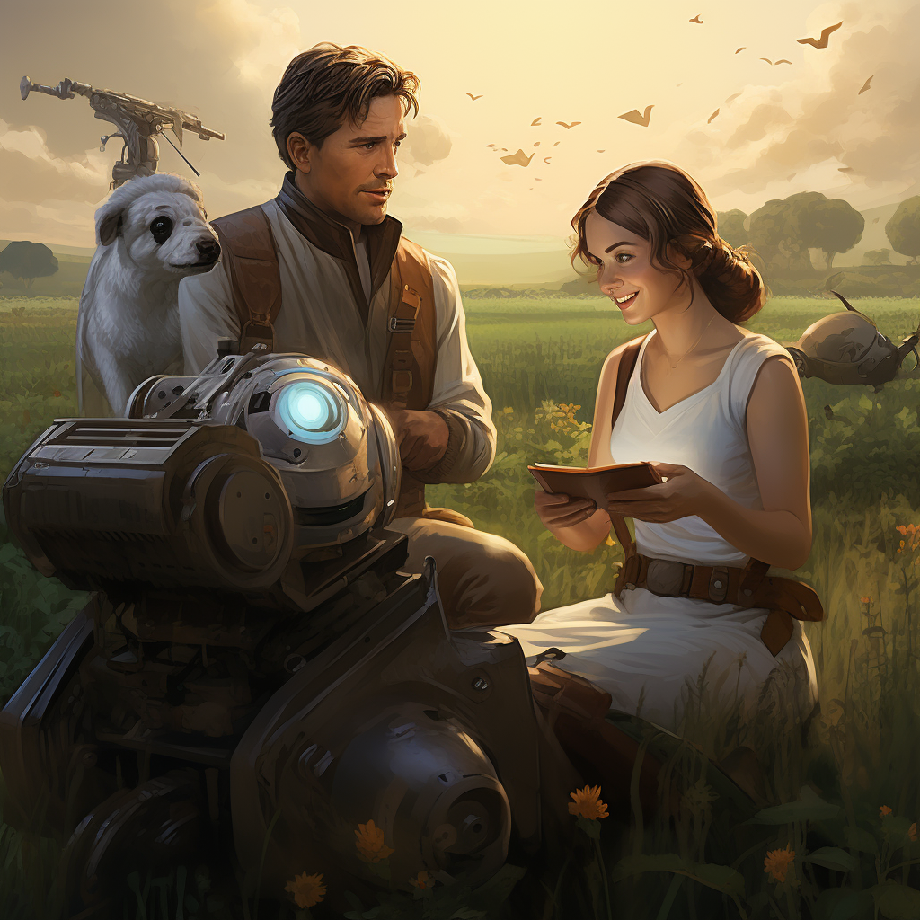 Han and Leia with robot farm animals