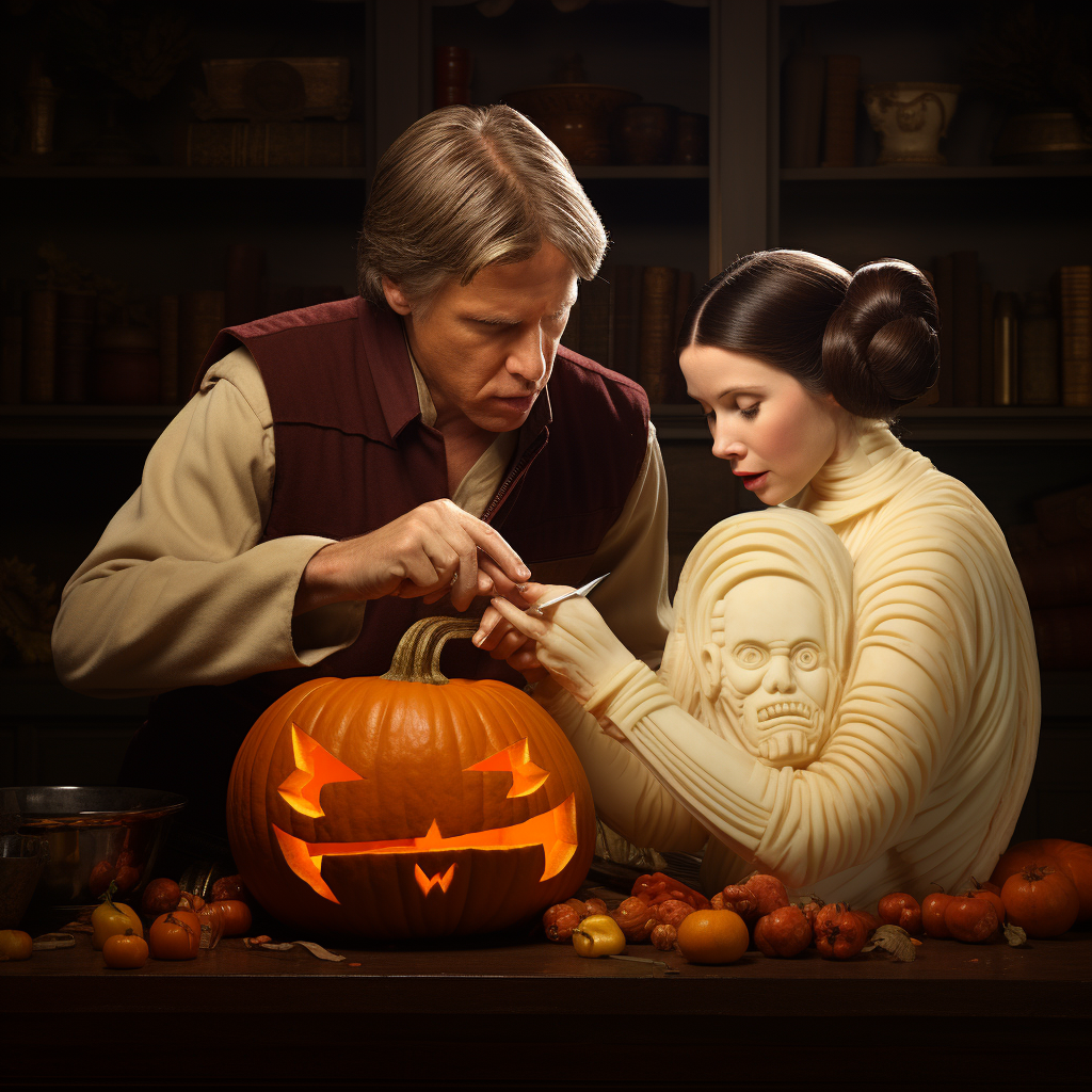 Han and Leia carving pumpkins