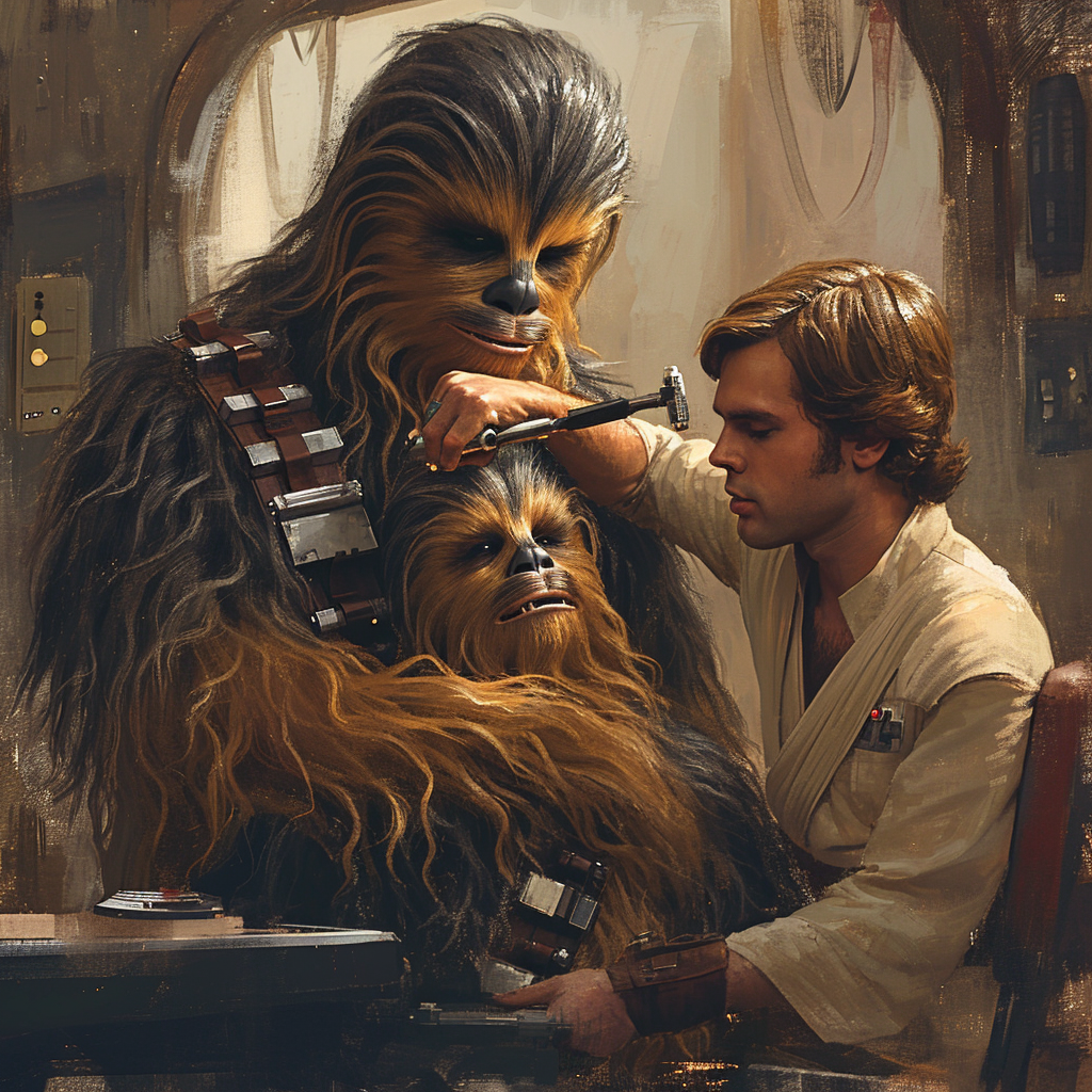 Image of Han Solo giving Chewbacca a haircut